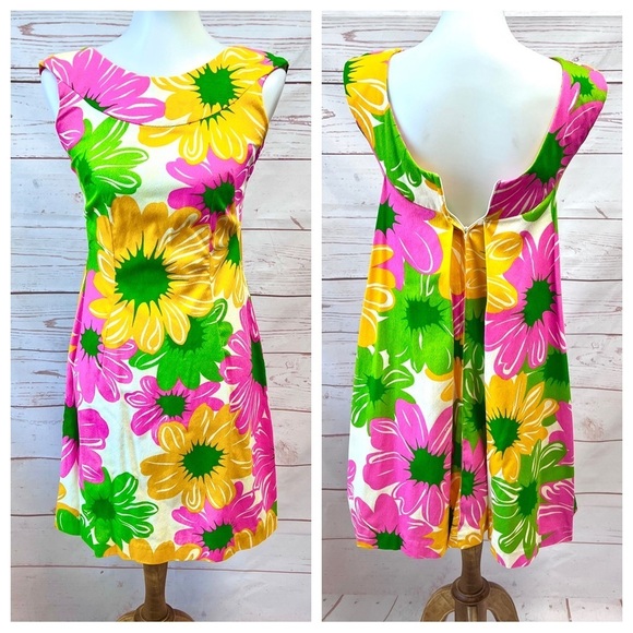 Vintage Hawaiian MCM Mid Century Mod Neon Flower Power Shift Cape Dress - Picture 7 of 14